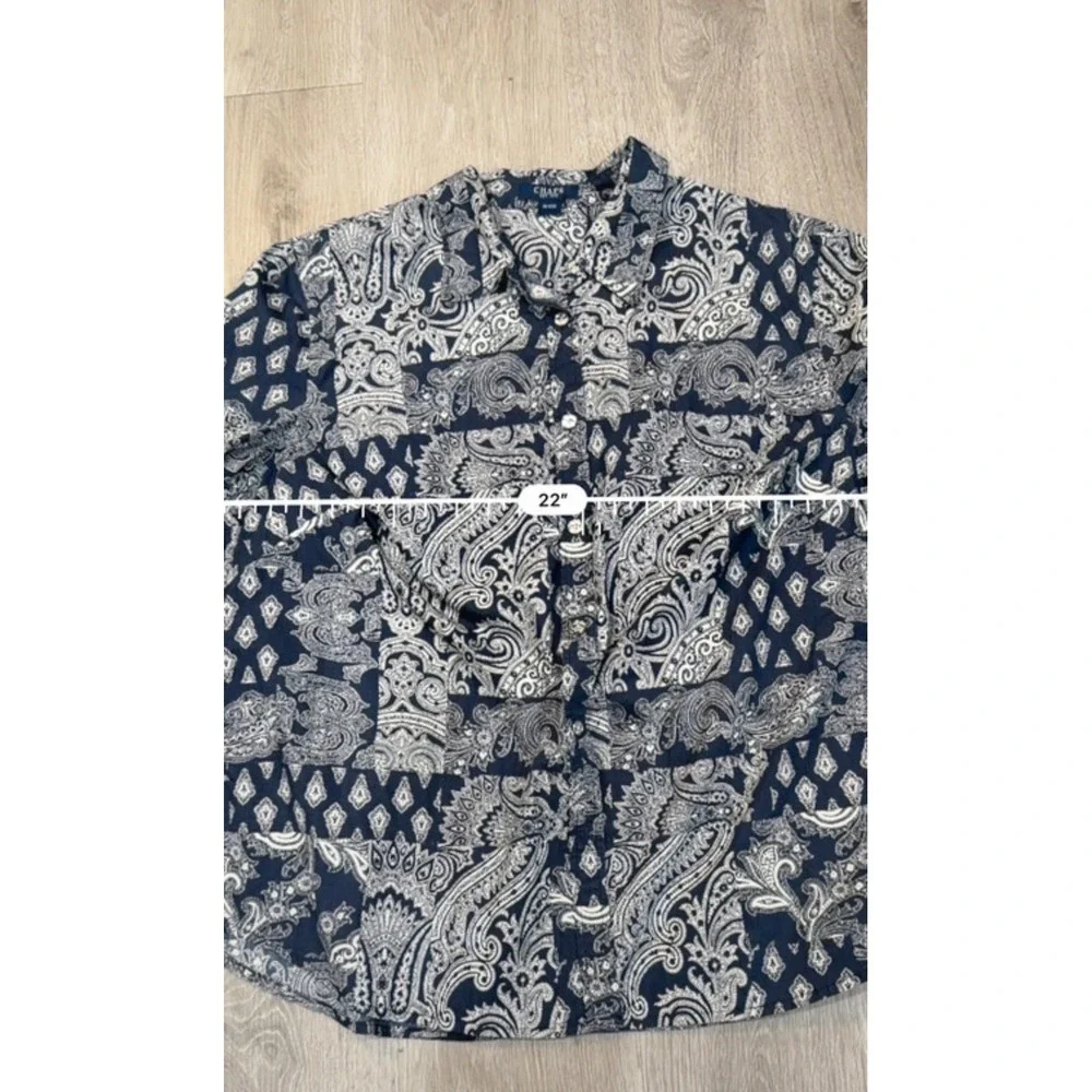 Chaps Plus Size 1X Blue & White Paisley Bandana Print Button Up Preppy Boho Chic